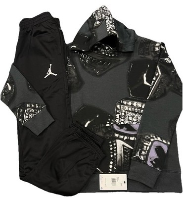 NWT NIKE AIR JORDAN BOY'S 2 pc SET GRAY HOODIE DRI-FIT ACTIVE BLACK JOGGERS L