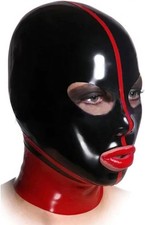 Latex Maske mit Rückenzipper Schwarz Rot 100% Naturlatex Vollmaske Cosplay