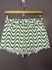Altar'd State Denim Shorts Womens Small Green Wave Stripe Cutoff Fringe