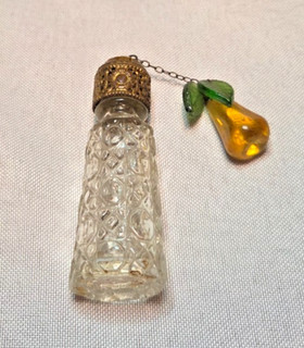 Vintage Czech Irice miniature perfume bottle w jeweled top & pear charm