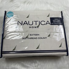 Nautica Home Sateen 300 Thread Count Cotton Beige Striped Queen Sheet Set NWT