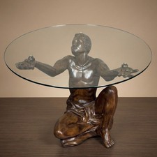 Tavolino Scultura Legno Intagliato Uomo Atlante Vetro Tondo Design Unico Vintage