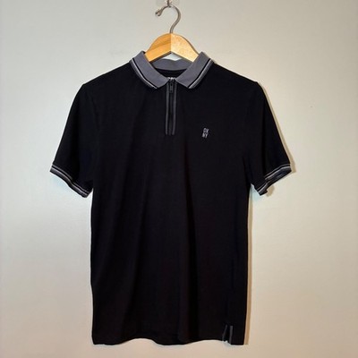 DKNY Mens Quarter Zip Polo Shirt Black Grey Tipped Collar Short Sleeve Size M