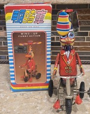 Vintage Wind Up Tin Litho Metal Duck On Bike Funny Toy With Box WORKS