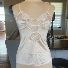 VTG Shadowline Nylon Chemise Camisole Top Lace Trim Size 32 Deep V Cutout Beige