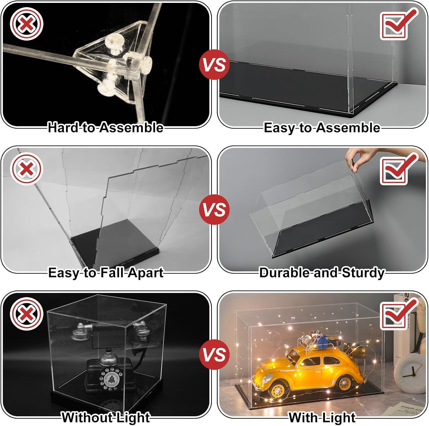 Elegant 4x4 Acrylic Display Case with Black Base & LED Light for Collectibles