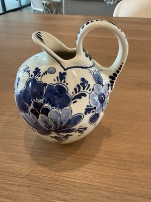 Vintage Delft Holland Mini Pitcher Cream Ewer Hand Painted Blue & White Flowers 