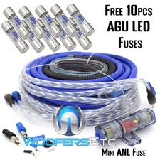 pkg 10 FUSES & PD-4KIT AMP CABLES 4 AWG WIRE 2500W CAR AMPLIFIER RCA INSTALL KIT