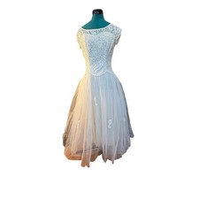 Sheer Lace Tulle Wedding Dress 50s Lorrie Deb Tea Length Ivory Bridal Metal Zip