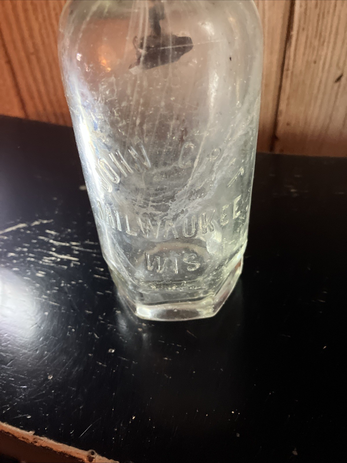 JOHN GRAF MIWAUKEE WI. CLEAR BLOB TOP WIESS VINTAGE BOTTLE WHAT GIVES TRADE MARK