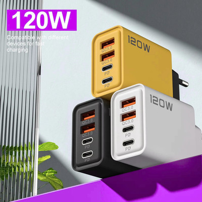 120W 4-Port USB-C Fast Charger QC3.0 PD Wall Adapter for iPhone/Samsung/Xiaomi
