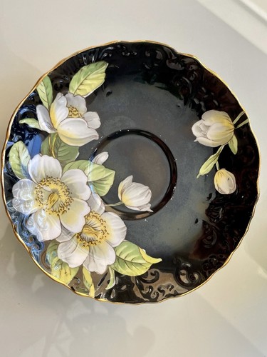 Aynsley England Porcelain Cup And Saucer Black Dogwood Flowers Gold - Picture 14 of 22