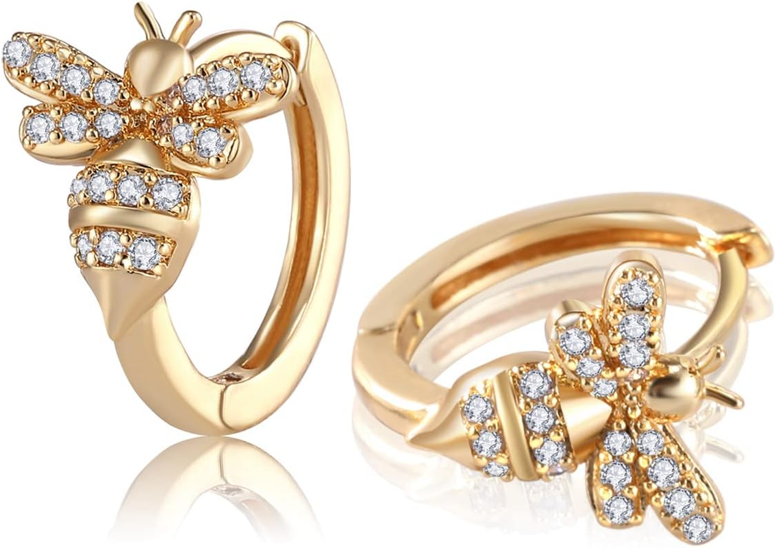 18K Gold Bee Earrings for Women, Hypoallergenic Stud with Cubic Zirconia, Hoop E