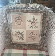 17  Vintage Pale Pink Green Ivory Floral Needlepoint Pillow Down Feathers