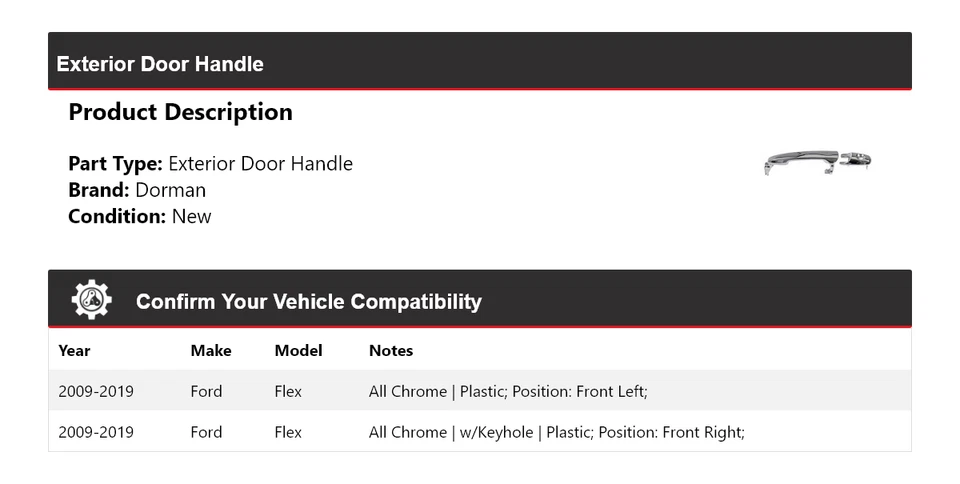 Manija de puerta exterior para Ford Flex Dorman 2009-2019 2010 2011 2012 2013 2014 Foto 2 de 4