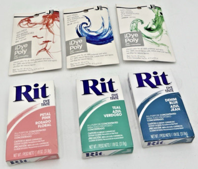 (3) IDYE POLY 14G RED, BLUE, GREEN & (3) RIT DYE POWDER TEAL, BLUE, PINK