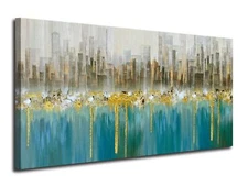 Ardemy Teal Abstract Cityscape Canvas Wall Art Modern Skyline Gold Textured P...