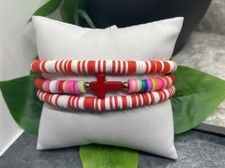 3 PC Set Heishi 7  Plus Stretch Bracelet Polymer Clay Beads Cross B3097