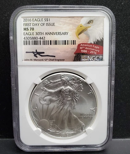 2016 $1 Silver Eagle NGC MS70 First Day-Eagle 30th Anniversary Mercanti Signed 