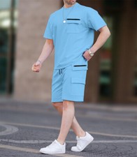 Mens Tracksuit 2-Piece Set Short Sleeve T Shirts Shorts Sweatsuit Outfit Set