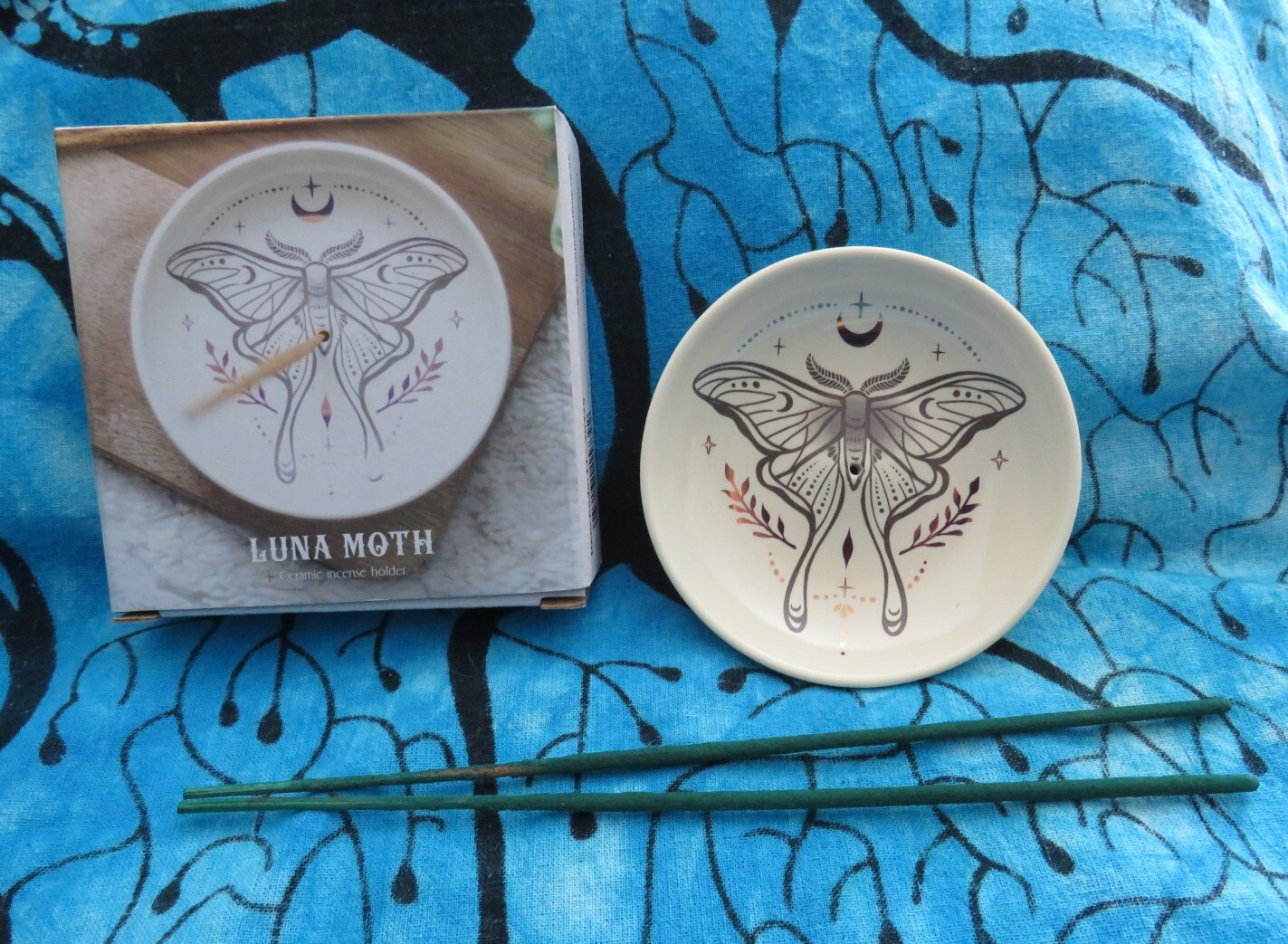 Luna Moth Cream Ceramic Boxed  Incense Stick Holder Ash Catcher Plate