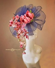 Royal Ascot Fascinator Kentucky Derby Hat Navy Blue Green Pink Flower Cascade