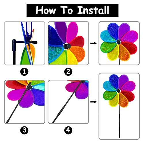 4PCS Flower Wind Spinner Sparkly Lawn Pinwheel 11.8 inch Colorful Rainbow - Picture 7 of 7