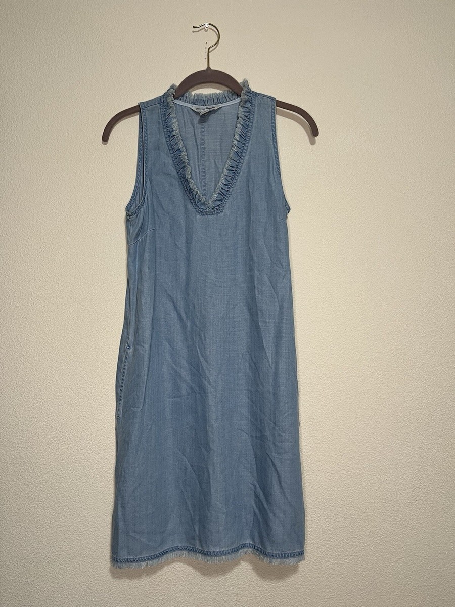 Tommy Bahama Size XS Denim Dress Pockets Fringe Edge Tommy Bahama Size XS Denim Dress Pockets Fringe Edge
