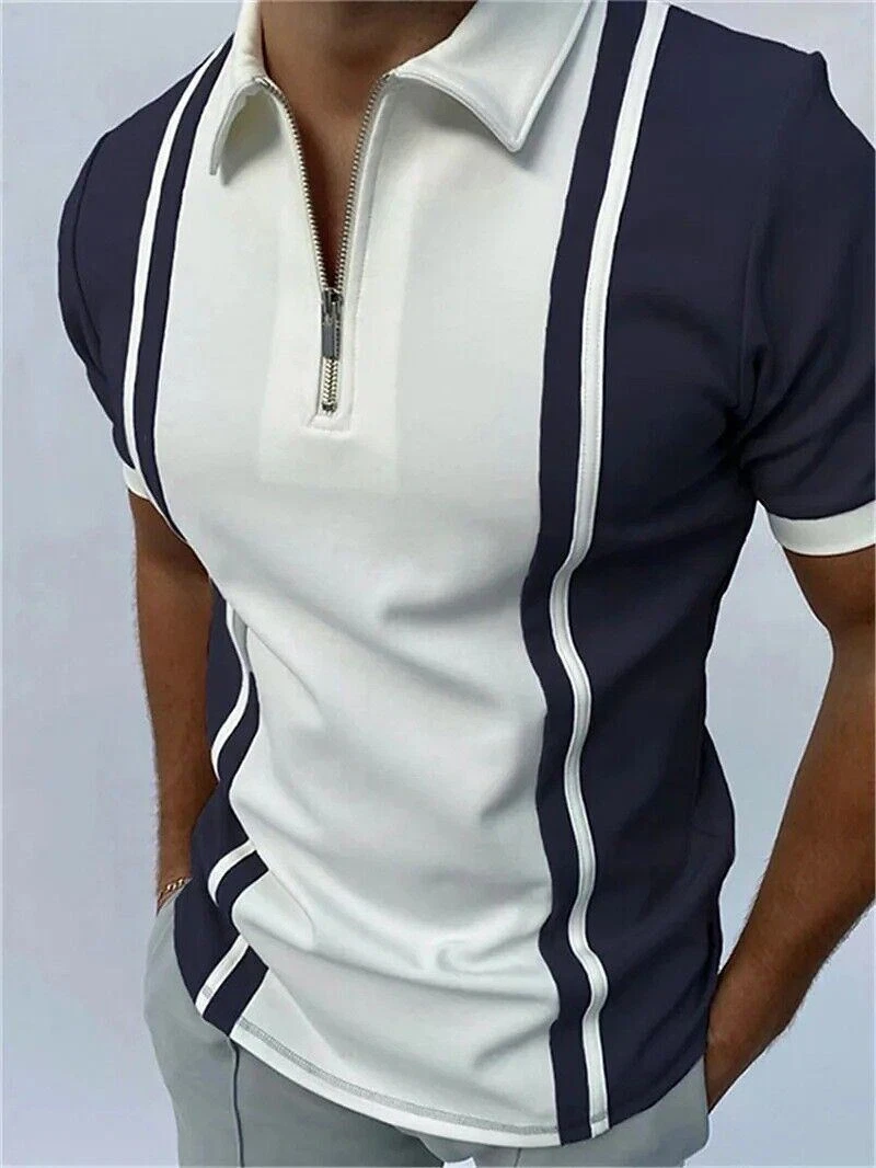Polo T Shirt Men Zipper Collar Blue White Contrast Dress Golf Colorblock Zip Tee