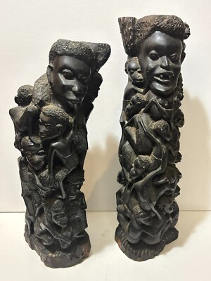 Makonde Tree of Life Statues Rare African Blackwood 21'' Tribal Ujamaa Carvings