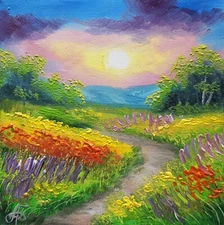 Original Oil Painting Sunrise Meadow Path Flowers Landscape Wall Art Decor Gift