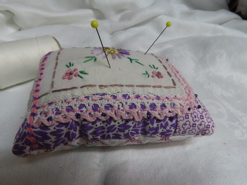 Vintage pincushion made from vintage embroidery, feedsacks, lace - pink & purple - Picture 2 of 8