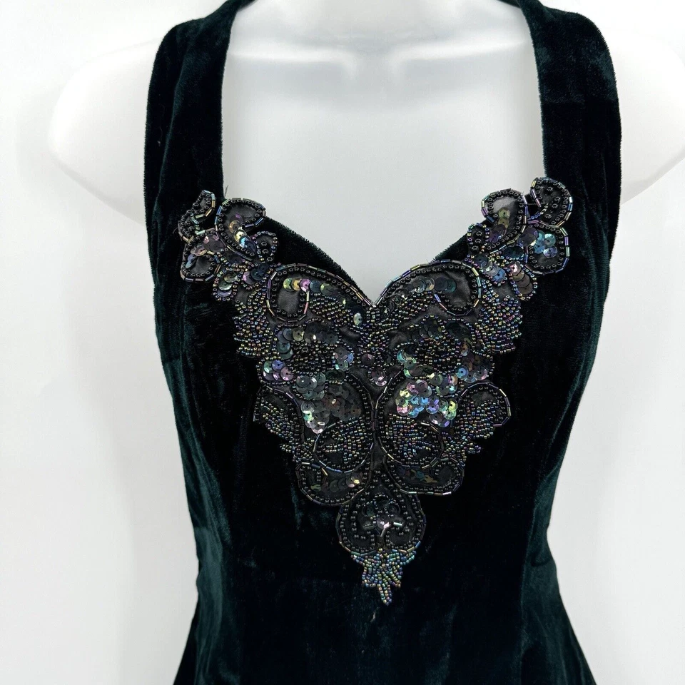 Vestido Halter Corto De Colección Años 90 Y2K Roberta Terciopelo Talla 5/6 Pequeño Verde Oscuro Con Cuentas Foto 3 de 4