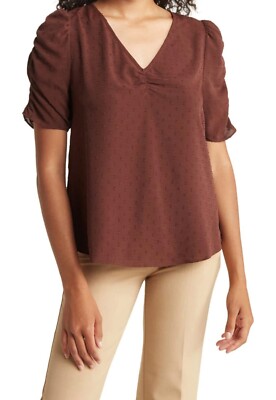 EVERLEIGH - SIZE: M - Brown Ruched Sleeve Swiss Dot V-Neck Blouse - NEW!