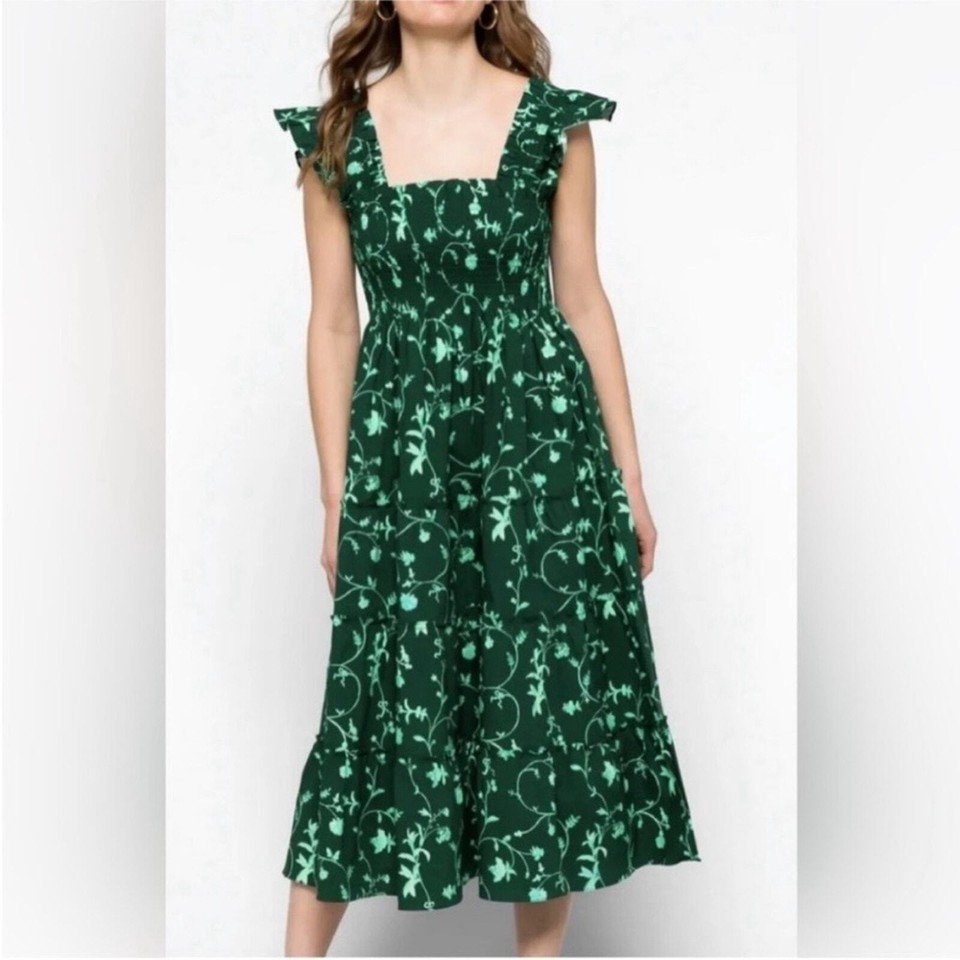 HILL HOUSE Ellie Cotton Nap Dress Green Botanical Floral Cottagecore