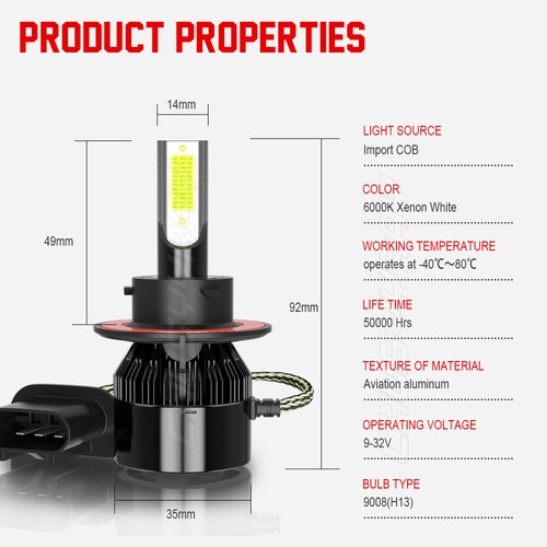 2X H13 9008 LED Headlight Super Bright Bulbs Kit 76000LM White Hi-Lo Beam 6000K - Picture 5 of 12