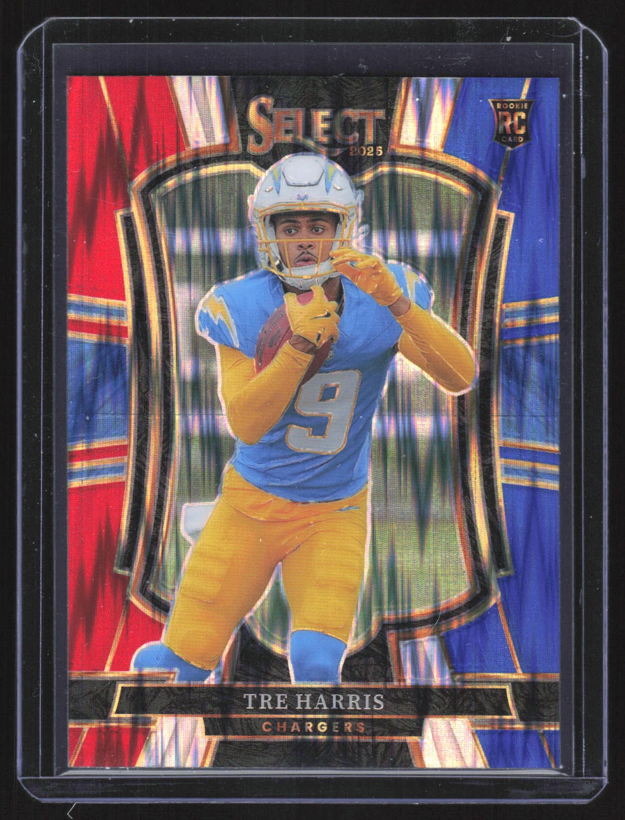 2025 Panini Select Red and Blue Prizm Shock Tre Harris #101 RC Chargers