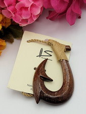 Island Sense Natural Hawaiian Koa Wood Hook Pendant Cord Necklace Brown OS Adj.