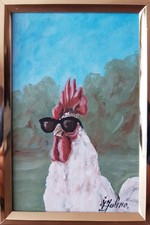 Peinture à l'huile cool coq portrait de poulet original art mural encadré 4x6