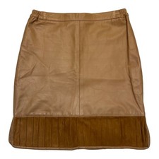 Vintage Genuine Leather Pleated Suede Trim Neutral Tan Western Boho Skirt Size L