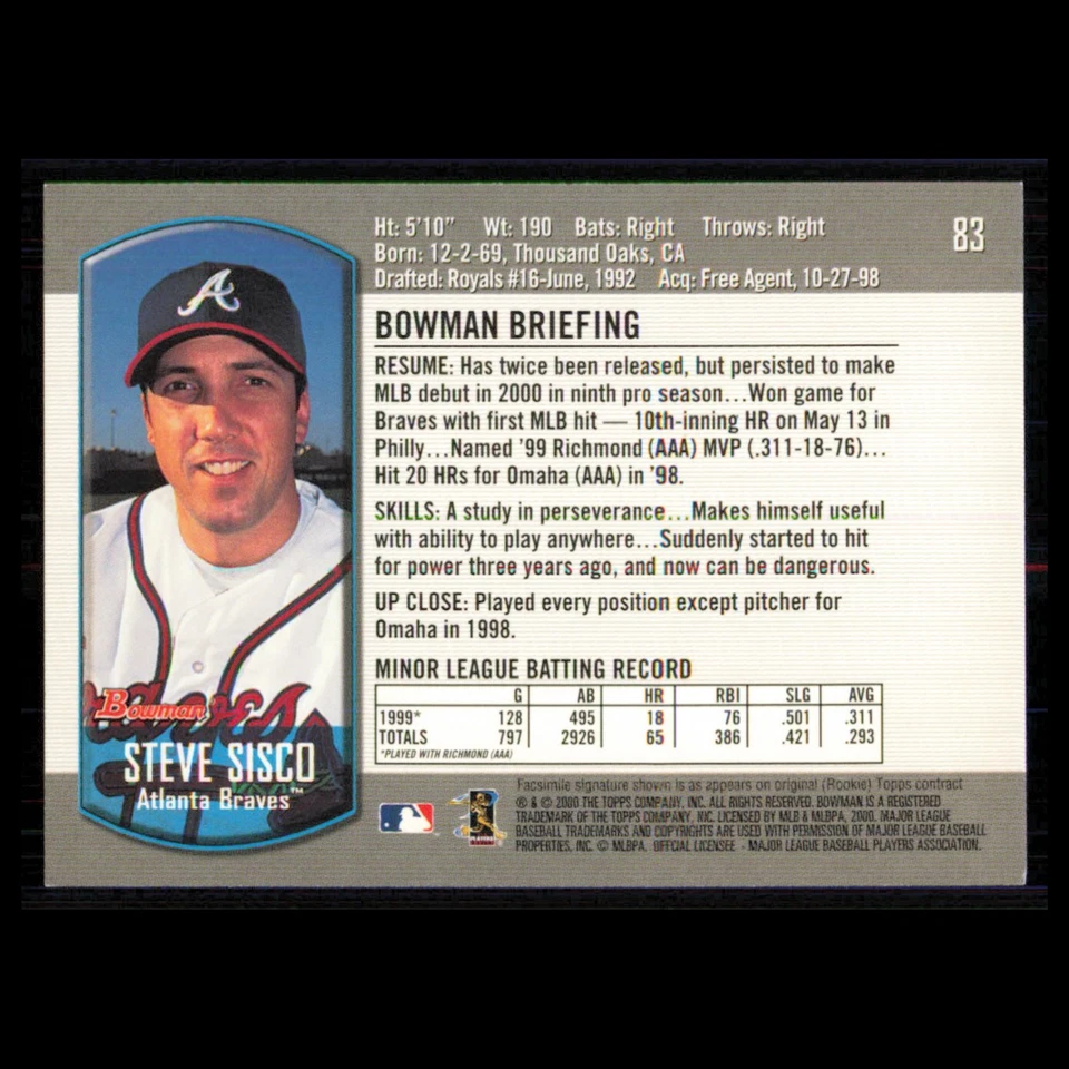 Steve Sisco Rookie #83 2000 Bowman Draft Picks - Prospects Atlanta Braves Card - Image 2 of 3