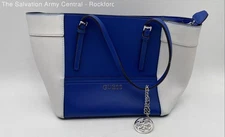 Guess Womens Blue White Leather Inner Pockets Lined Double Handles Tote Bag