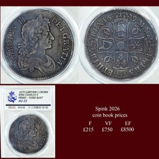 King charles the II 1679 silver crown,Third de Bust end of tie to tip of nose A