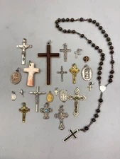 Mixed Lot Of Vintage Catholic Religious Items- Crosses, Rosaries, And More
