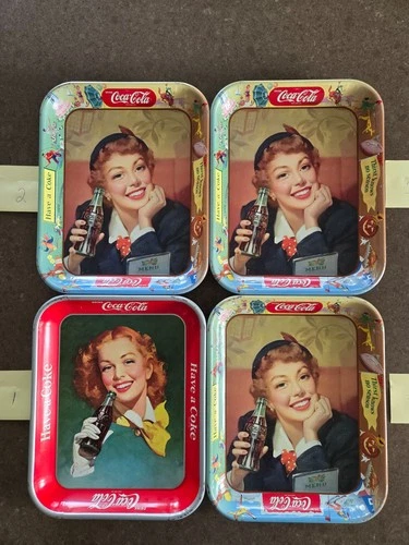 RARE vintage 1948 to 1950 Coca-Cola metal serving tray redhead girl Lot of 4