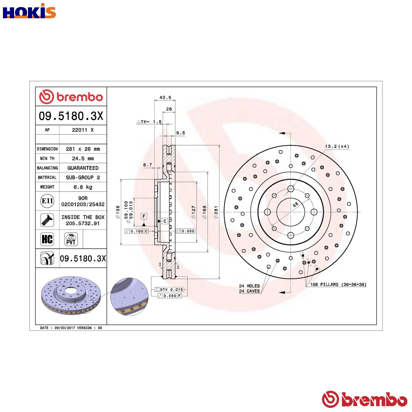 2x BRAKE DISC 09.5180.3X FOR ALFA ROMEO FIAT BRAVO/II STILO/Multi/Wagon RITMO