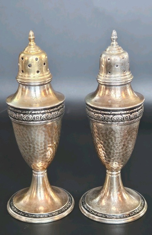 Evans: EPNS; Electro Plated Nickel Silver Hammered Salt & Pepper Shaker Set