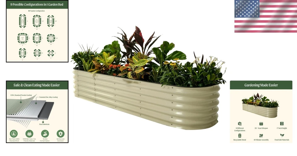 Cama de jardín modular elevada de 17" de alto - Kit de jardinera de metal 9 en 1 en blanco perla Foto 2 de 4