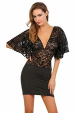 Robe Sexy Noire Dentelle Manches Papillon Décolleté Plongeant Soirée