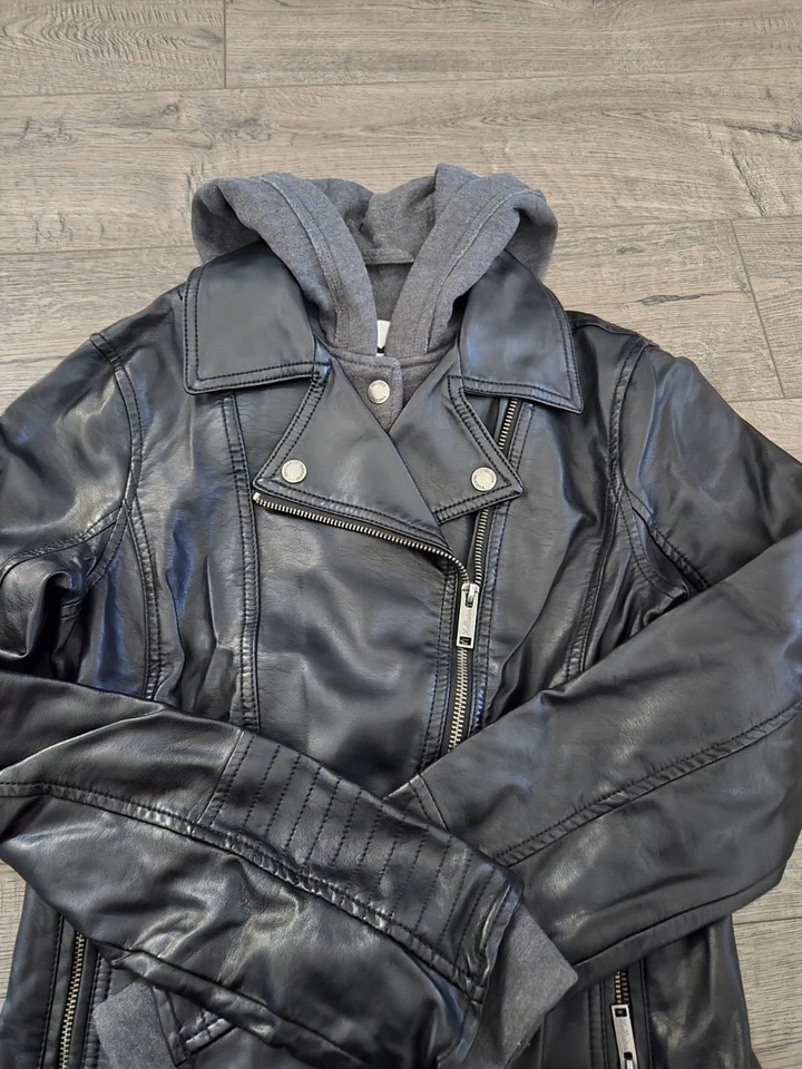Y2K Hollister Talla Mediana Imitación Cuero Suéter Forrado Con Capucha Motociclista Moto Chaqueta Foto 4 de 4